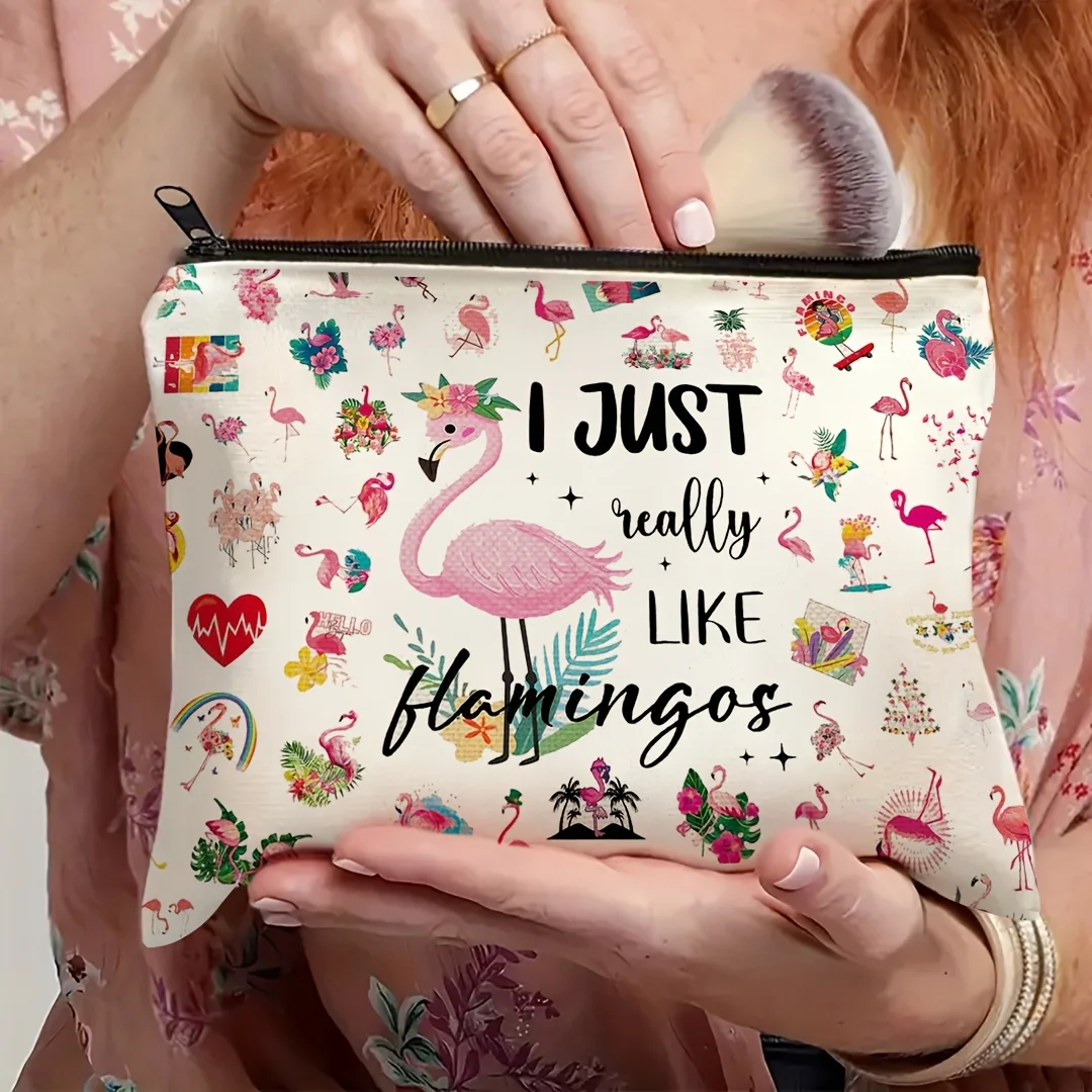Make-up-Tasche mit Flamingo-Motiv, niedliche Reise-Kosmetiktasche mit Reißverschluss für Urlaub, Training, Camping, Polyester-Stoff, Flamingo-Dekor