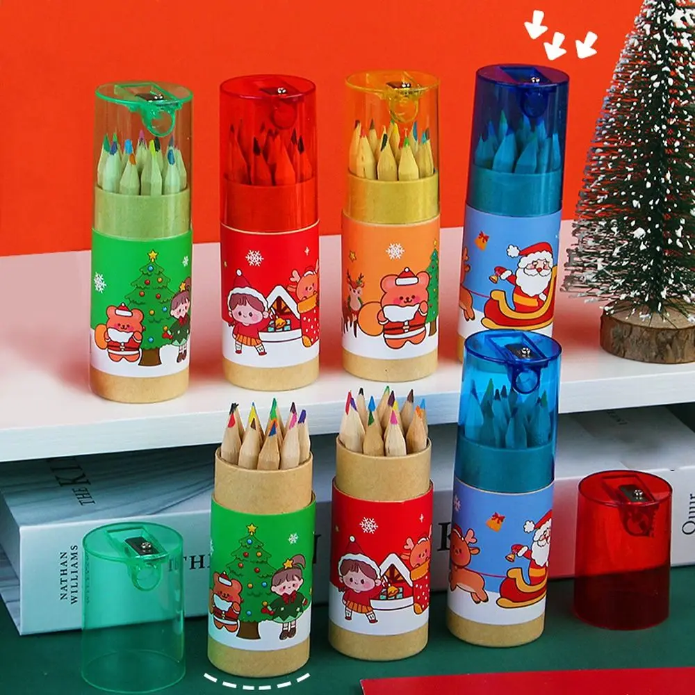 12 Color Portable Christmas Painting Pencil Set Santa Claus Merry Christmas Decor for DIY Home Xmas Ornaments Kids Drawing Gifts