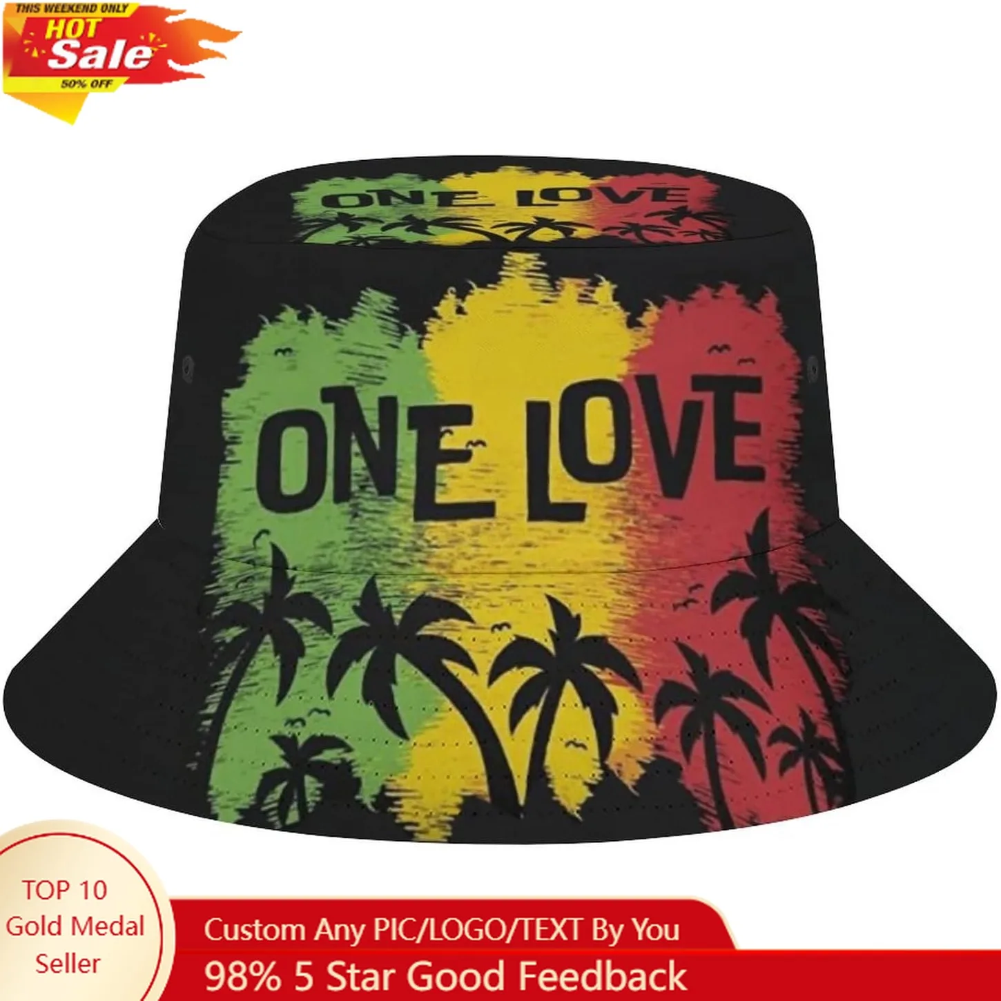 

One Love Music Reggae Rasta Jamaican Men's Women's Bucket Hat Summer Vacation Travel Beach Sun Hat Packable Lightweight Outdoor