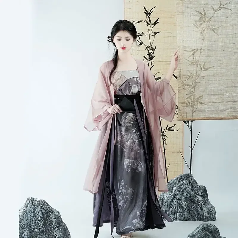 Gaun Hanfu motif ungu dinasti, jubah rok selempang 3 potong musim panas gaya Cina, kostum Cosplay putri Modern Hanfu