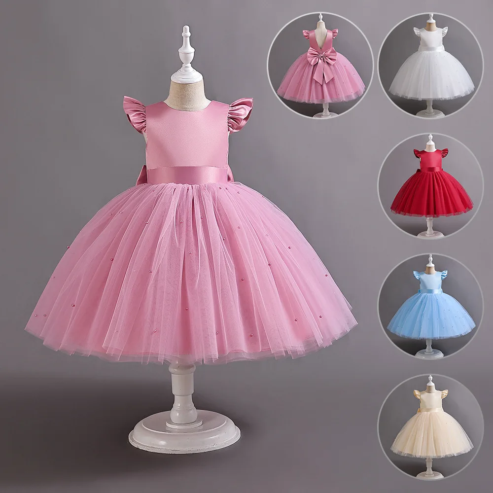 Elegant Girl Dresses Beading Princess Dress Baby Girl Birthday Party Flying Sleeve Prom Gown Baptism Party Dress Toddler Clothes