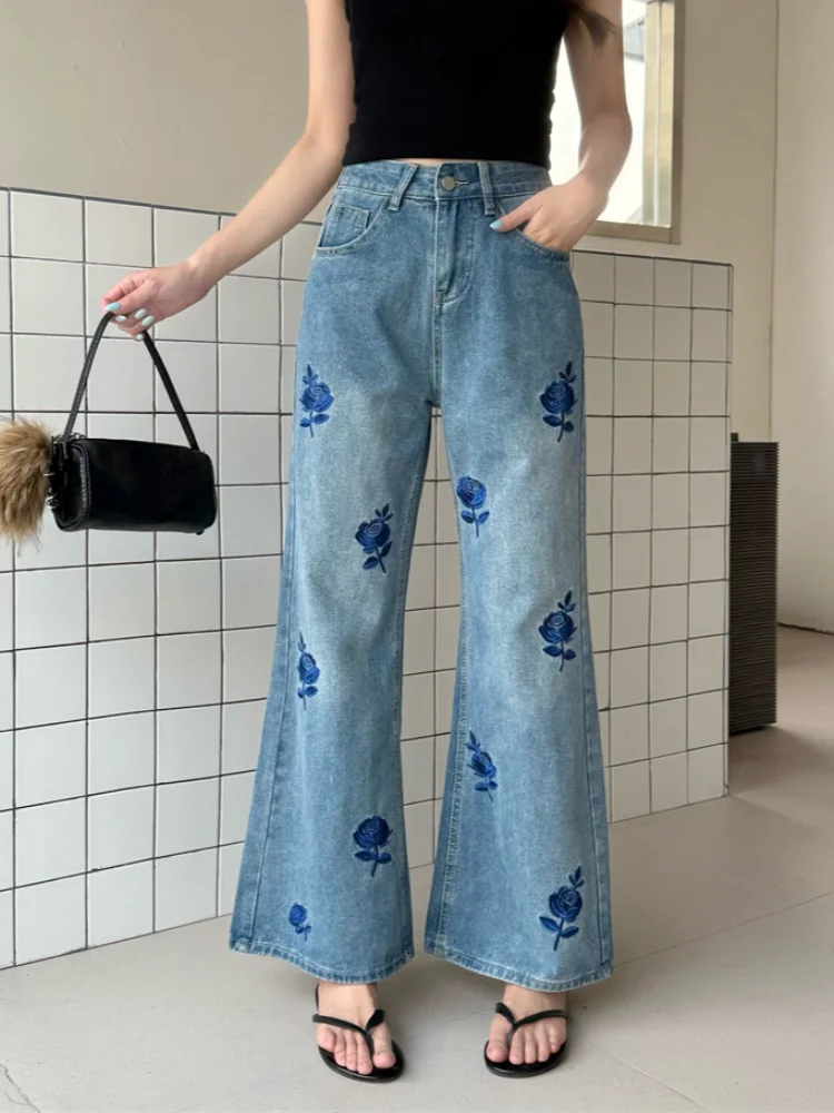 

2026 Ropa Y2K Fashion Rose Embroidery Washed Blue Baggy Women's Jeans Pants For Woman Clothing Straight Casual Denim Trousers