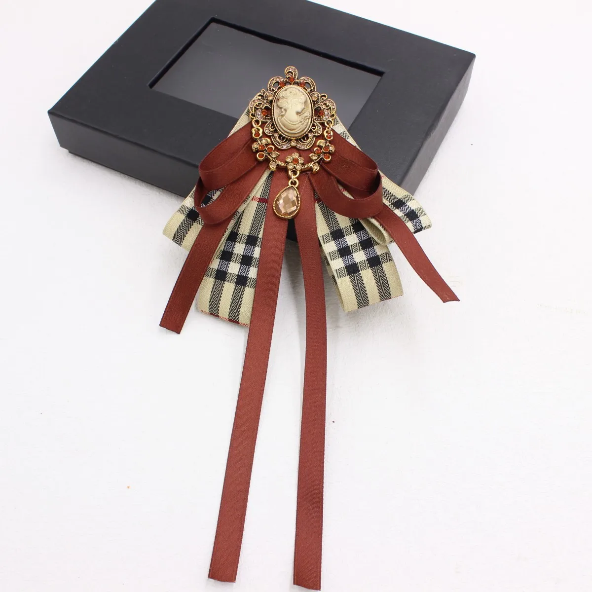 

British Vintage Bow Ties Handmade Plaid Ribbon Crystal Long Korean Women's College Style Shirt Accessories Collar Flower Necktie