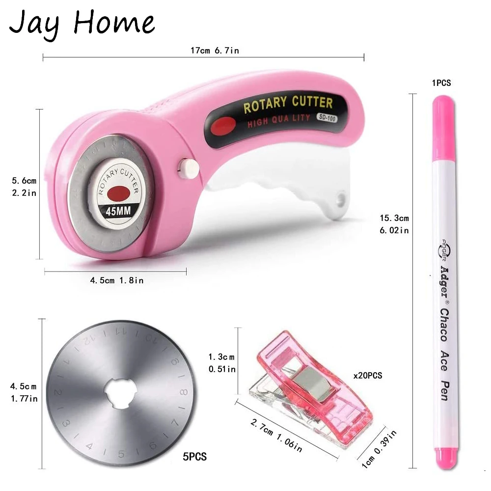 45mm Rotary Cutter with 5pcs Replacement Blades & Sewing Clips & Fabric Marker Pen for DIY Sewing Fabric Leather Quilting