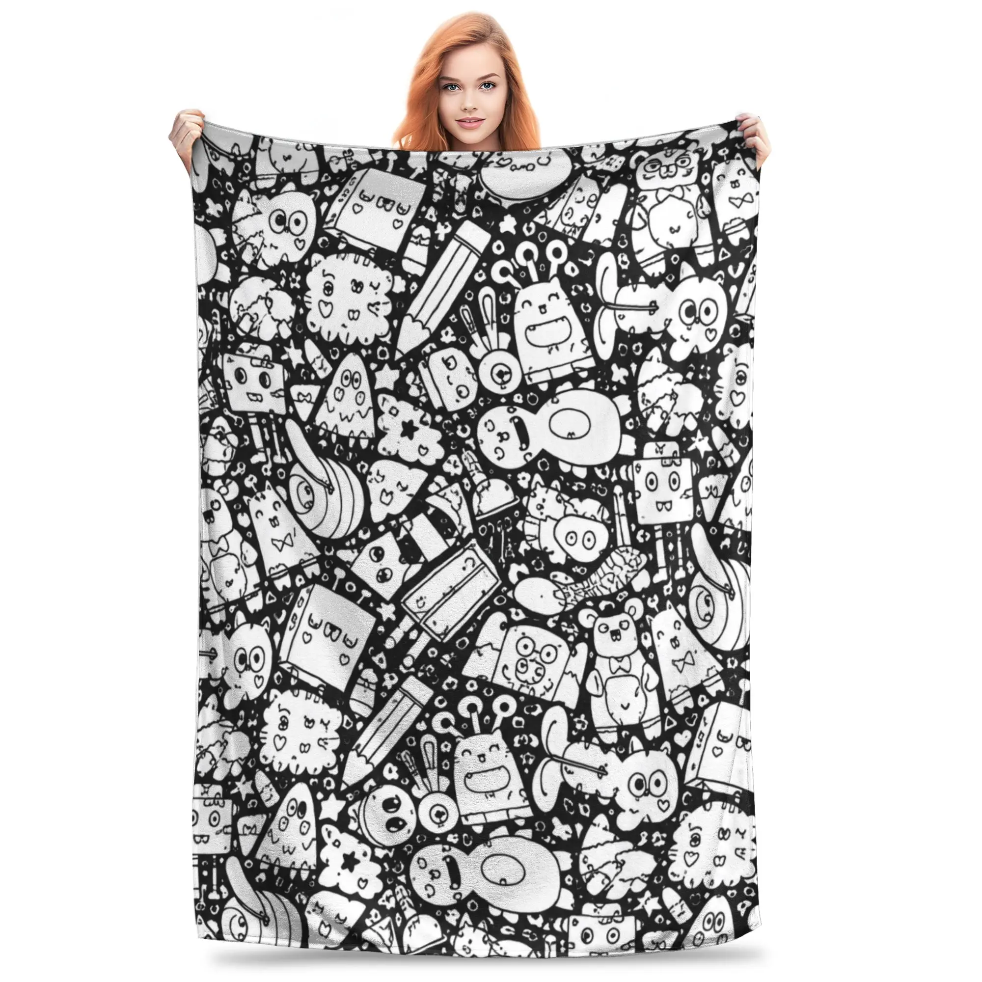 1PC Cat sketches with skulls  DIY Coloring Winter Blankets for Adults Bedding Home Interior Sofa Knee