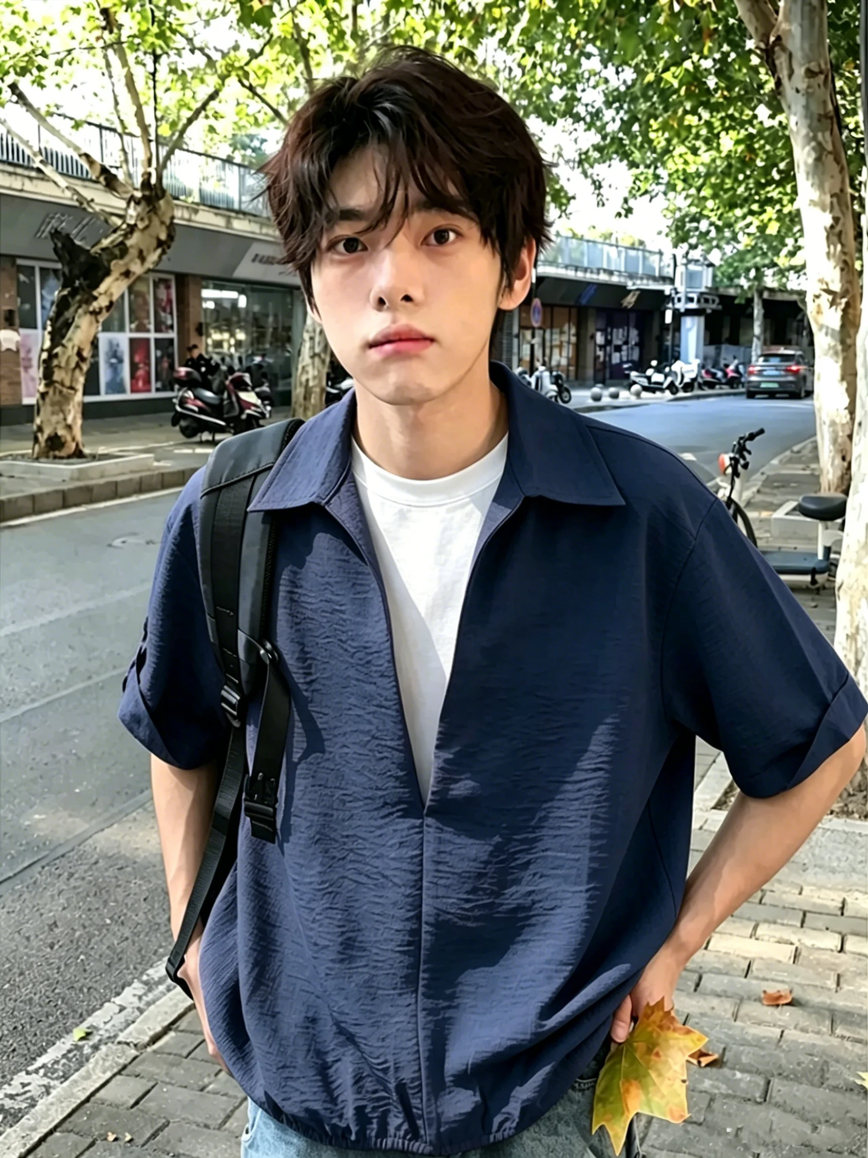 Purple Short Sleeve V-Neck Patchwork Men's Shirt Summer Casual Loose Fit Fake Two-Piece UV Protection Linen-Like Shirt