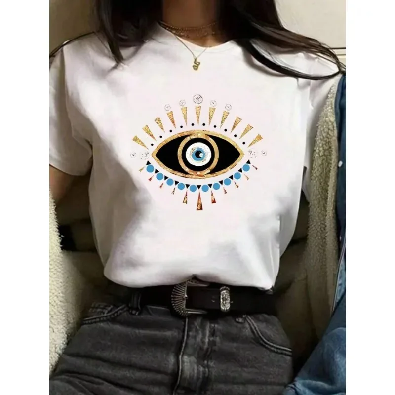 Charming Eye Pattern Printed Short Sleeved Street Versatile Micro Elastic T-shirt Summer White Minimalist Women\'s Y2k T-shirt