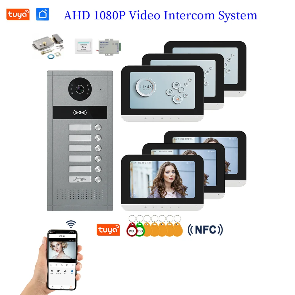 Tuya Wifi Video Intercom For 2~6 Unit Apartment 1080P AHD Video Doorbell NFC RFID Unlock Building Camera Door Phone System