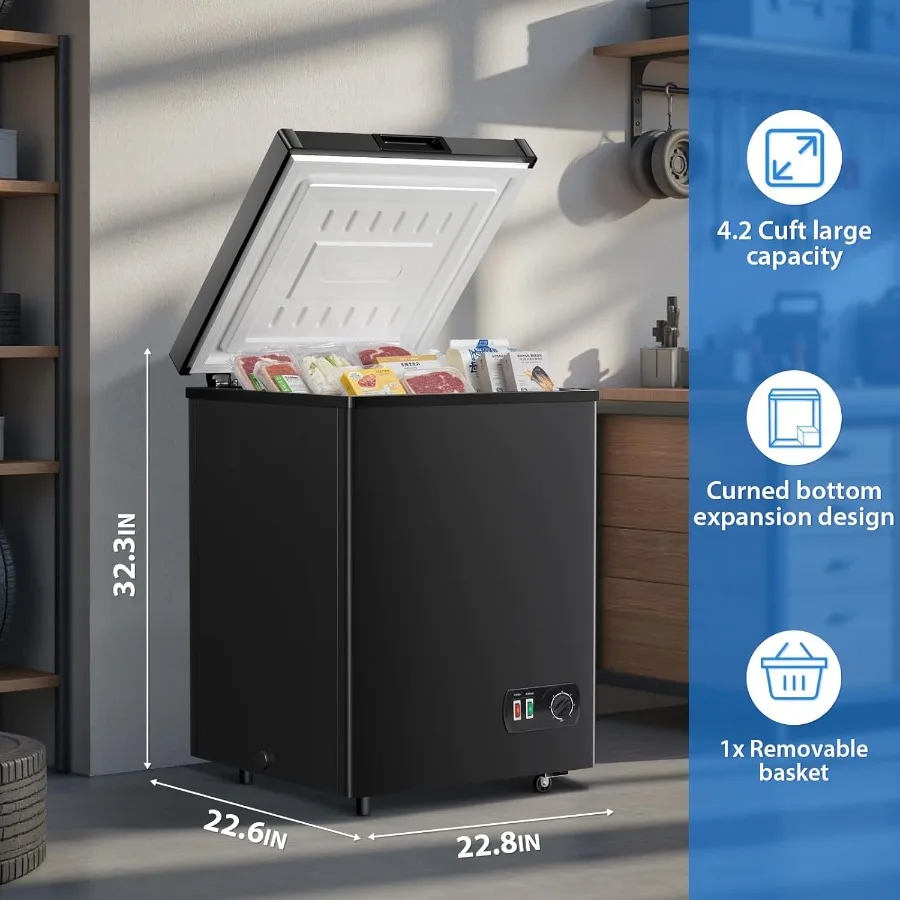 LifePlus 4.2 Cu.Ft Small Deep Freezer with 7-Temperature Adjustable Settings Removable Basket Smooth Rolling Wheels Ultra-Quiet