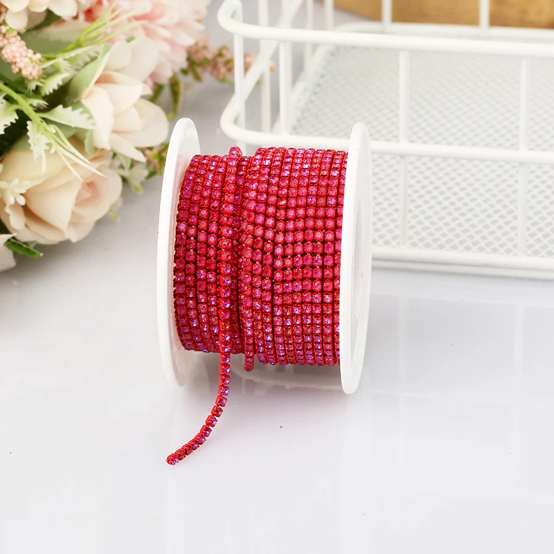 PEESOM Neu! 2 mm Mokka-Strass-Cup-Kette, bunte Basis, zum Aufnähen, Kristallbesatz, Kettenapplikation für Kleidung – Detail 2
