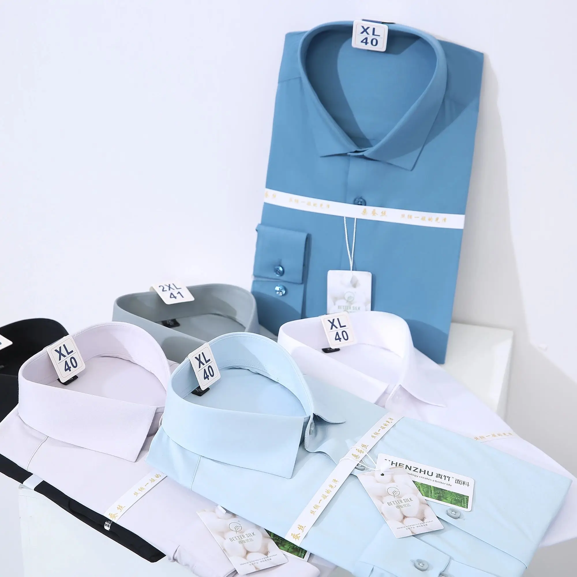 

Silk Bamboo Fiber irt Anti-Wrinkle Easy Care Men's Busin Long Sve Pure Color Elastic Stand Fit irt