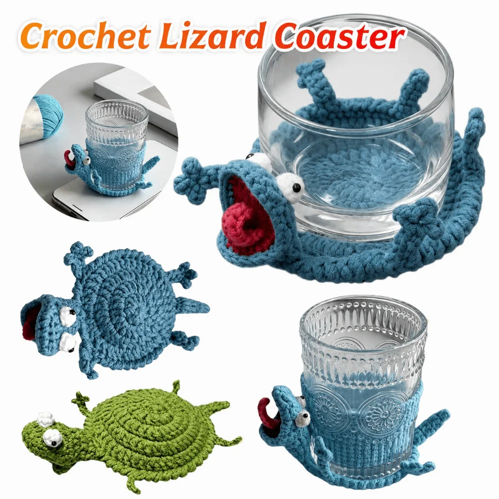 Pressable Crochet Lizard Coasters Creative Red Tongue Drink Insulation Pad Non-Slip Anti Scald Knitted Animal Coaster Cafe Use
