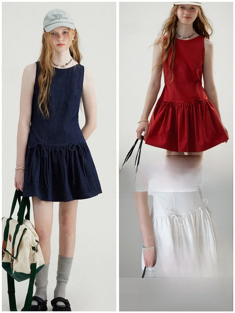 

Spring Summer Gift Retro Boat Ne Splice Pleated Knot Svel Vest Dr Women's Faion Commute Sle Midi Skirt