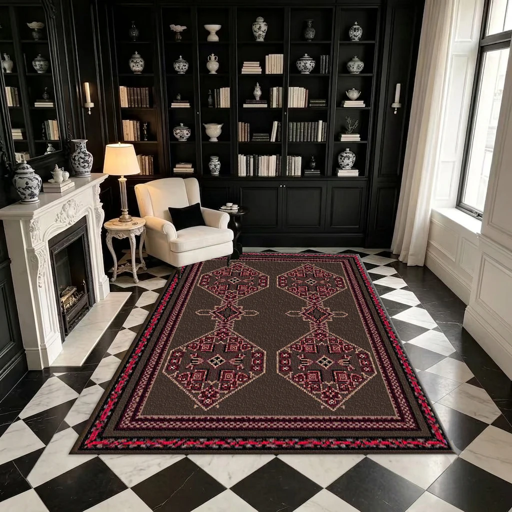 Vintage Tribal Geometric Pattern Carpet with Dark Background and Ethnic Pattern Print, Square Carpet Suitable for Living Room Decoration