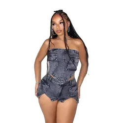 Back Zipper Splicing Backless Vest Women Denim Two Piece Sets Split Trouser Legs Shorts 3D Pockets Patchwork Casual Female Suits