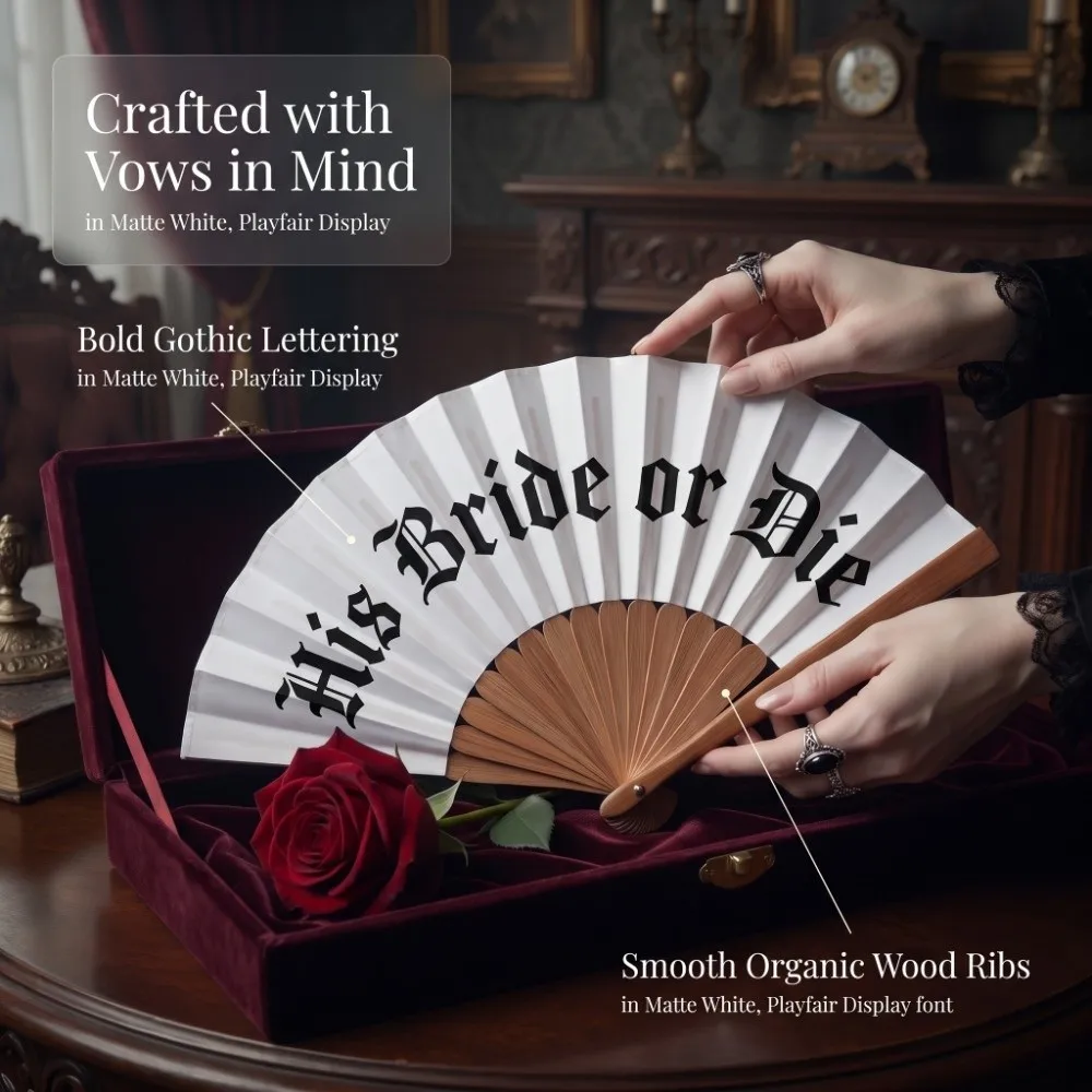 Vintage Gothic His Bride or Die Fan Large Folding Fan Halloween Black White Hand Fan Retro Fan Crafts