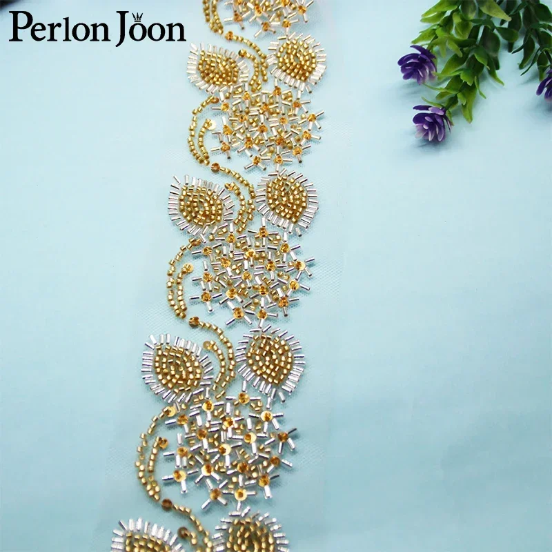 5 Yards Rattan Flower Shape Black Gold Glass Beaded Imitation Handmade Mesh Lace Trim DIY Sew Decorated for Clothing Dress HB082