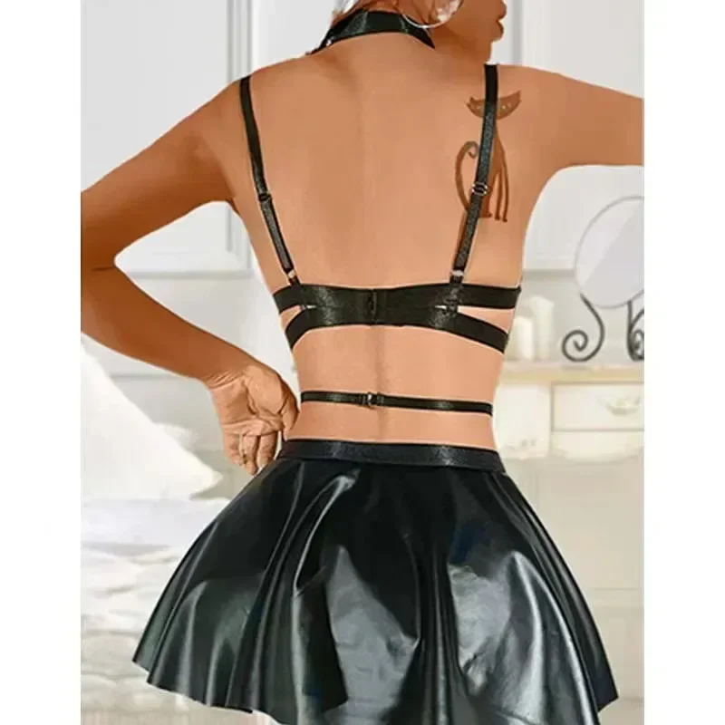 Ladies Latex Short Dress Set Sexy Lingerie Women PU Leather Short Skirt for Sex Clothing Porn Sex Bodysuit Women Underwear