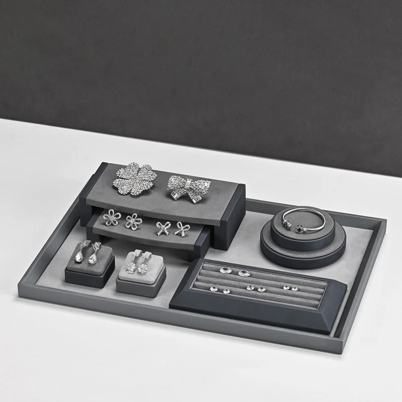 MISHITU High-end Jewelry Display Prop Grey PU Leather Ring Earrings Watch Bracelet Necklace Jewelry Display Stand Storage Holder