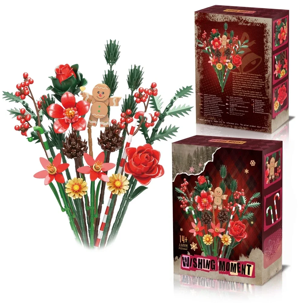 865PCS Creative Christmas Roses Bouquet Building Blocks Set Gingerbread Dolls Assembly Model Kit Christmas Birthday Gifts Toy