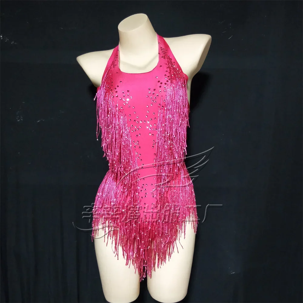 

Rose Red Sparkly Rhinestones Fringes Bodysuit Women Sexy Club Outfit Dance Costume One-piece Showgirl Wear Performance Leotard
