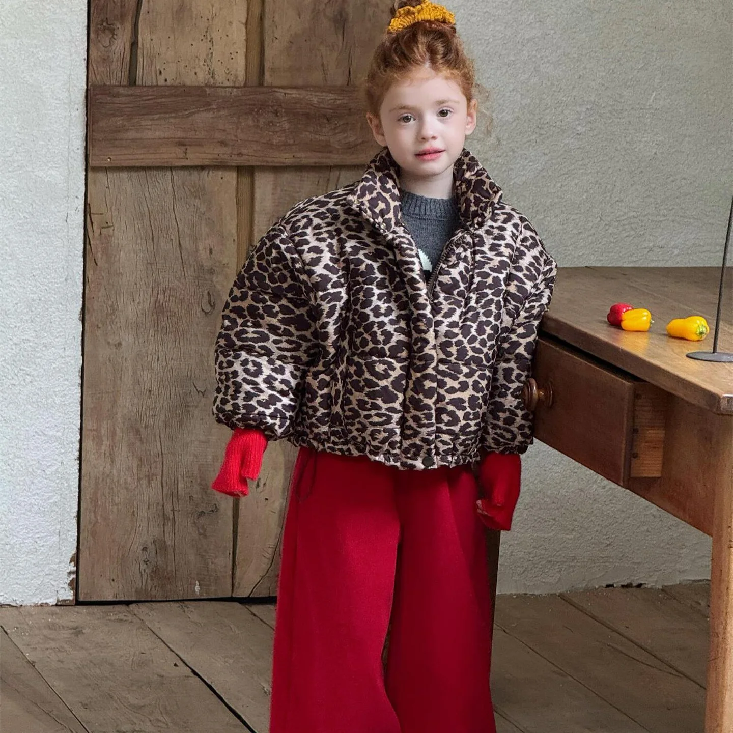 

Korean Fashion Versatile Children's Clothing 2025 Winter New Item Girls' Coat Leopard Print Casual Bat Short Cotton Jacket