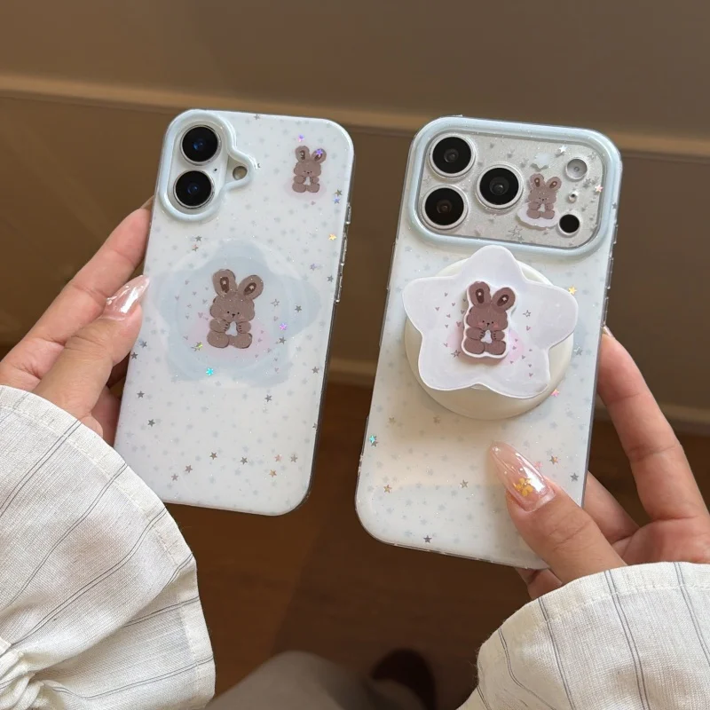 

Fashion Glitter Star Cute Rabbit Phone Case For iPhone 17 Pro 16 15 14 Pro Max Cover with Holder Cartoon Protective Cases Lovely