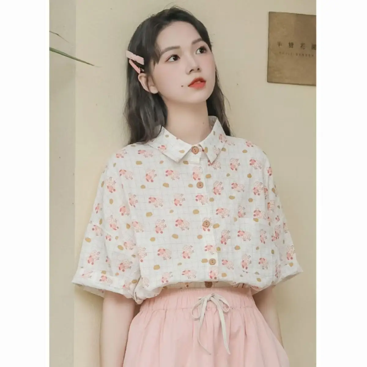 Japonês dos desenhos animados impresso moda coreana manga curta camisas soltas mulheres casual lapela botão acima camisas verão blusas mujer 2025