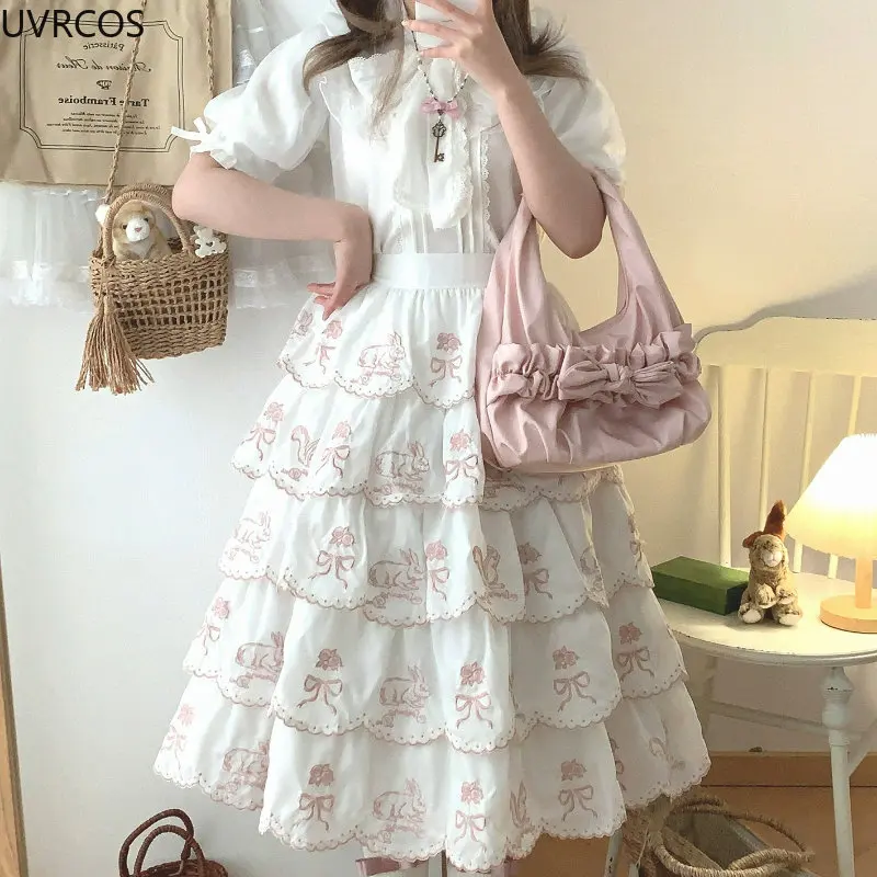 Estate giapponese Kawaii dolce minigonna donna dolce fiocco coniglietto ricamo carino gonne femminili eleganti gonne a strati Lolita fata