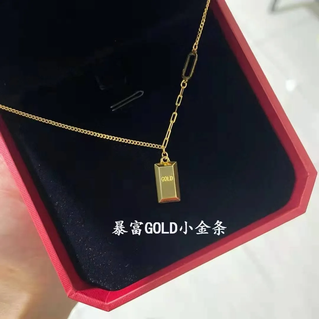 New Luxury Gold Plated Small Bars Bricks Pendant Necklaces For Women Paper Clip Link Chains Punk Rich Jewelry Wedding Party Gift