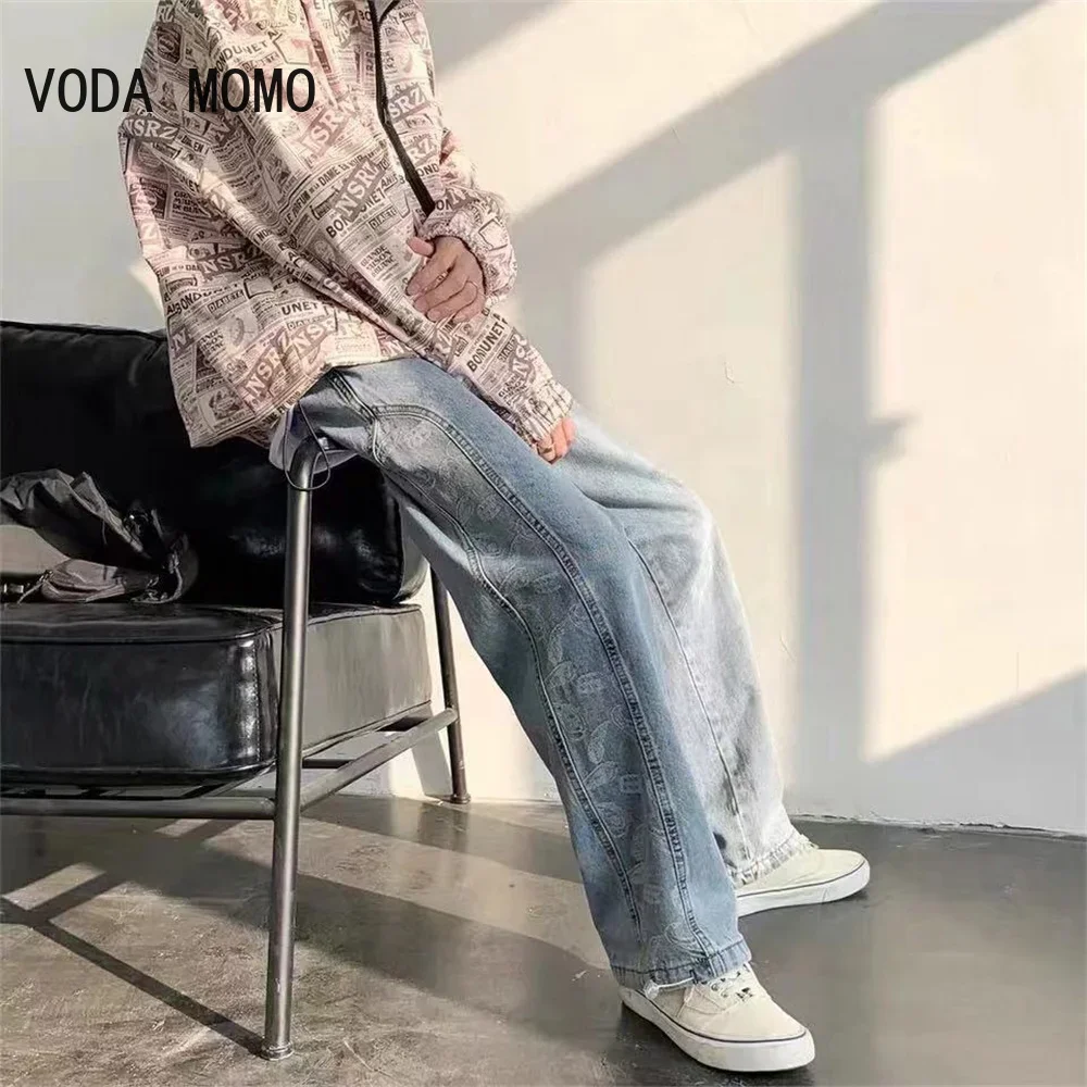 

Корейские модные мужские широкие джинсы, осень 2023, новая уличная одежда, прямые мешковатые джинсовые брюки, мужские брендовые брюки