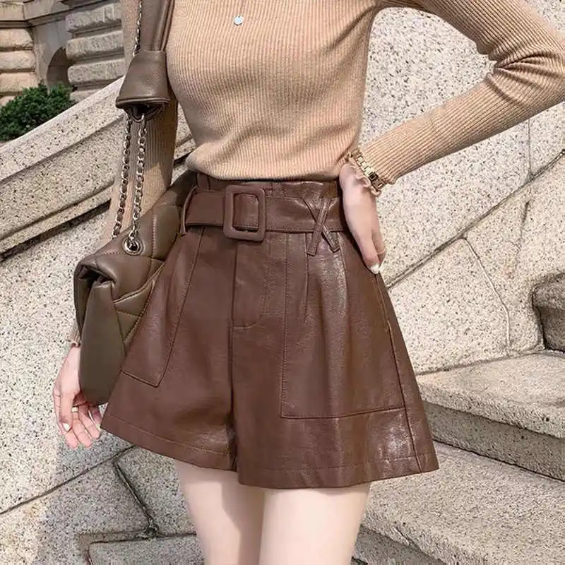 New Plus Size Coffee Colored PU Leather Shorts 2026 Women's High Waist Hip Cover Slim and Wide Leg Leather Pants