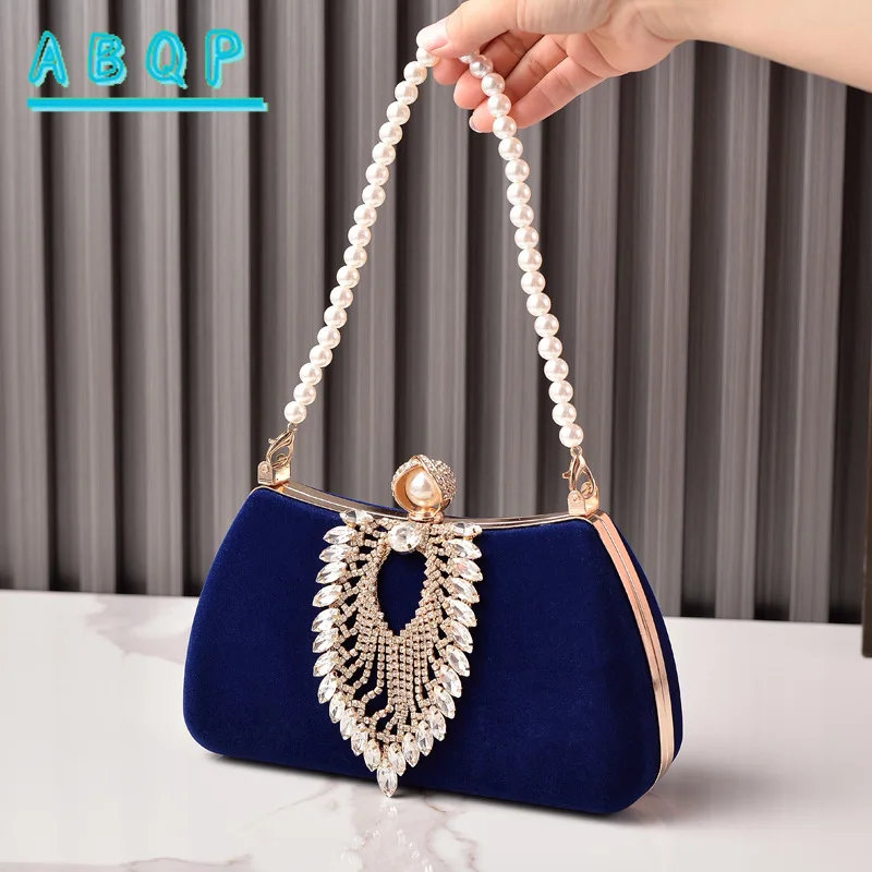 

Elegant Velvet Rhinestone Evening Bag with Pearl Handle Elegant Clutch Purse for Wedding Party Dinner Bag Formal Handbag Clutch