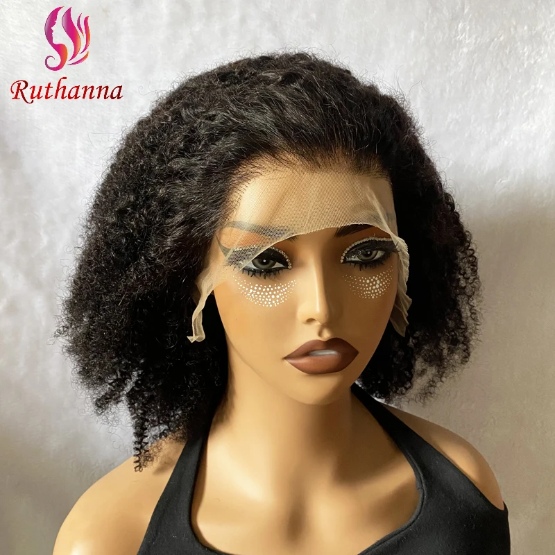 

250% Density Afro Kinky Curly 13x4 Lace Front Remy 100% Human Hair 14 Inch Short Curly Wigs Pre-Plucked Natural Color For Women