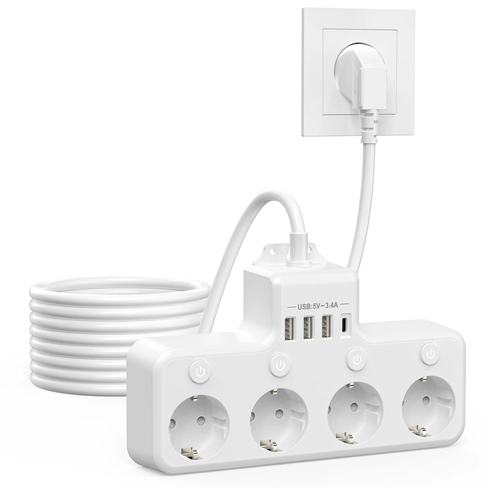 European plug power strip with 4 AC power sockets, 3 USB 1 Type-C port, 2 meter extension cable, with independent switch