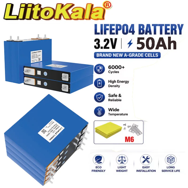 LiitoKala 3.2V 50Ah LiFePO4 Battery Pack Phosphate 3C Discharge for 12V 24V Golf Cart Motorcycle Car Motor Batteries Modificatio