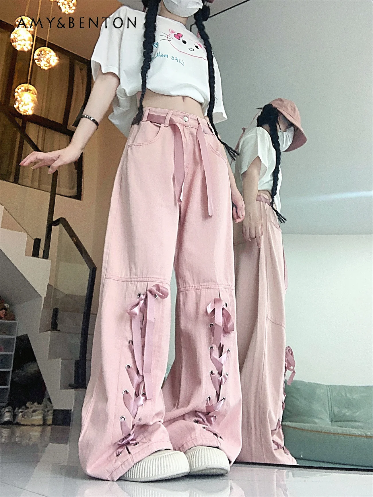 Dopamine Girl Bow Tie Strap Loose Cargo Jeans Women Spring Autumn New Sweet Cool High Waist Slim Fit Hot Girl Y2K Long Pants