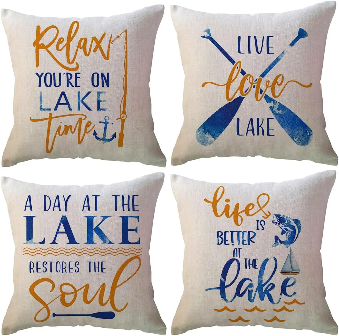 4 Pack Decorative Lake Life Pillow Covers Set Rustic Coastal Water Theme Throw Cushions Polyester Cushion Decor for Summer Home