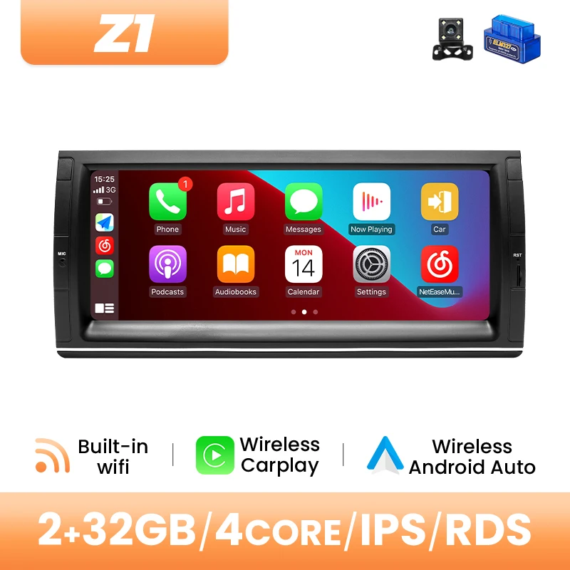 10.25Inch 1280*480 IPS Scherm Draadloze Carplay Auto Multimedia Radio Voor BMW E39 E53 M5 1995-2003 Android 14 Octa Core GPS Speler