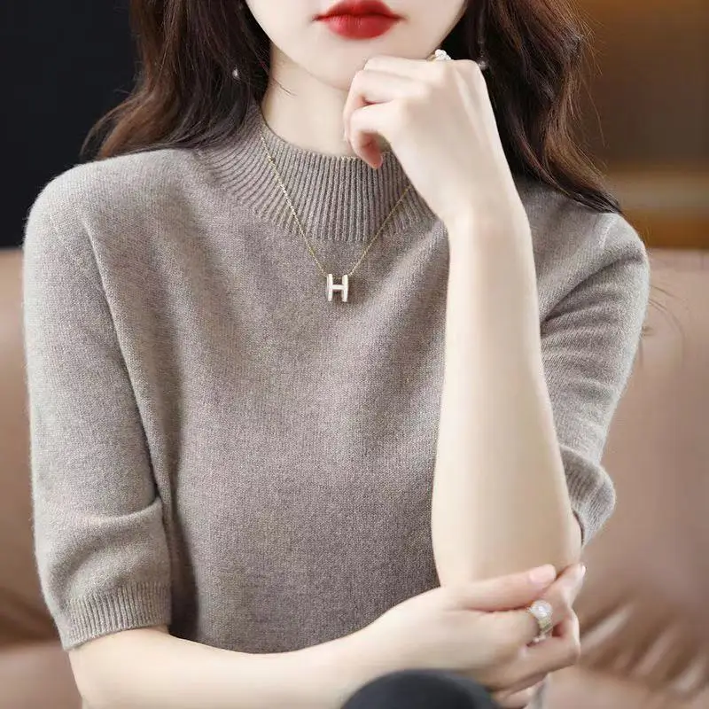 

Casual High Collar Women's T-Shirt 2024 Winter Thickened Five Sleeve Color Knitted Sweater Base Layer Fashionable Top