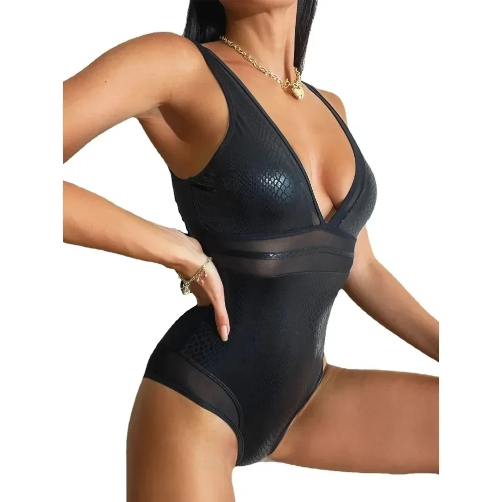 Sexy Swimsuit Women One Piece Bikini Backless Bathing Suit Black Swimwear Tight Solid Spliced Beach Swimming Suit Holiday 2024