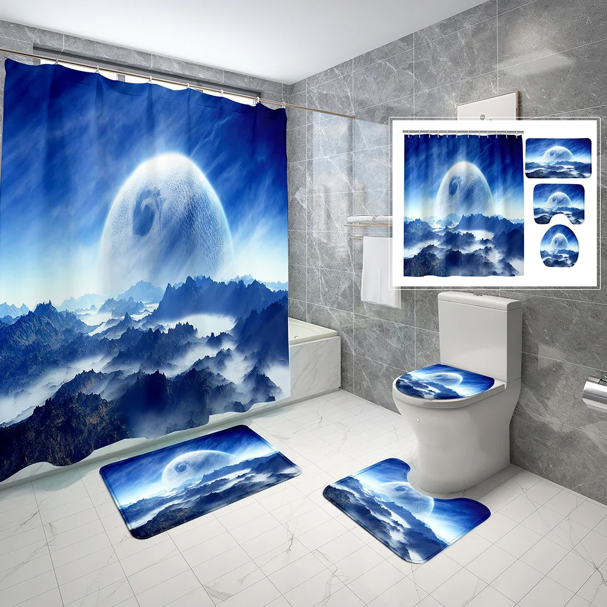 Fantasy Starry Shower Curtain Set Mysterious Planet In Outer Space 4 Pcs Shower Curtain Bathroom Non-Slip Bath Mat Toilet Cover