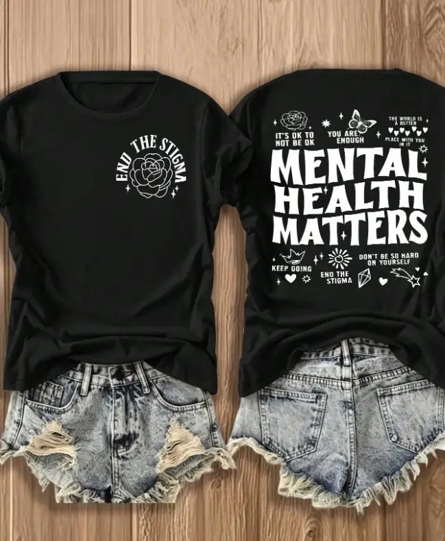 Double Sided Graphic T Shirt Women Oversized Vintage Cotton Tee Mental Health Matters Streetwear Harajuku Top Casual Female Clothes
