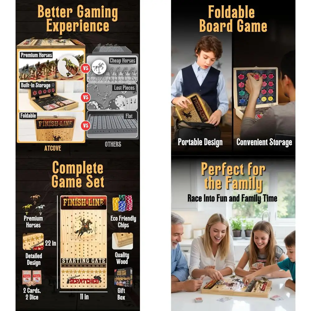 Epic 22 Juego de carreras de caballos plegable para adultos: diversión familiar con almacenamiento, fichas premium, tarjetas, dados y 11 caballos metálicos