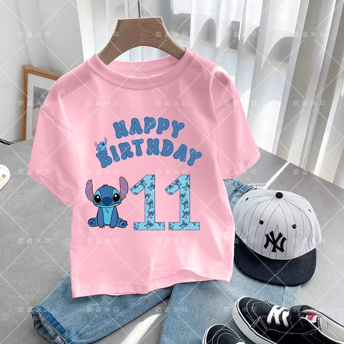 Stitch Blue Pink Kids T-shirt Disney Birthday No. 3-12 Kawaii Boys Girls Casual Wear Anime Little Baby Casual T-shirt top