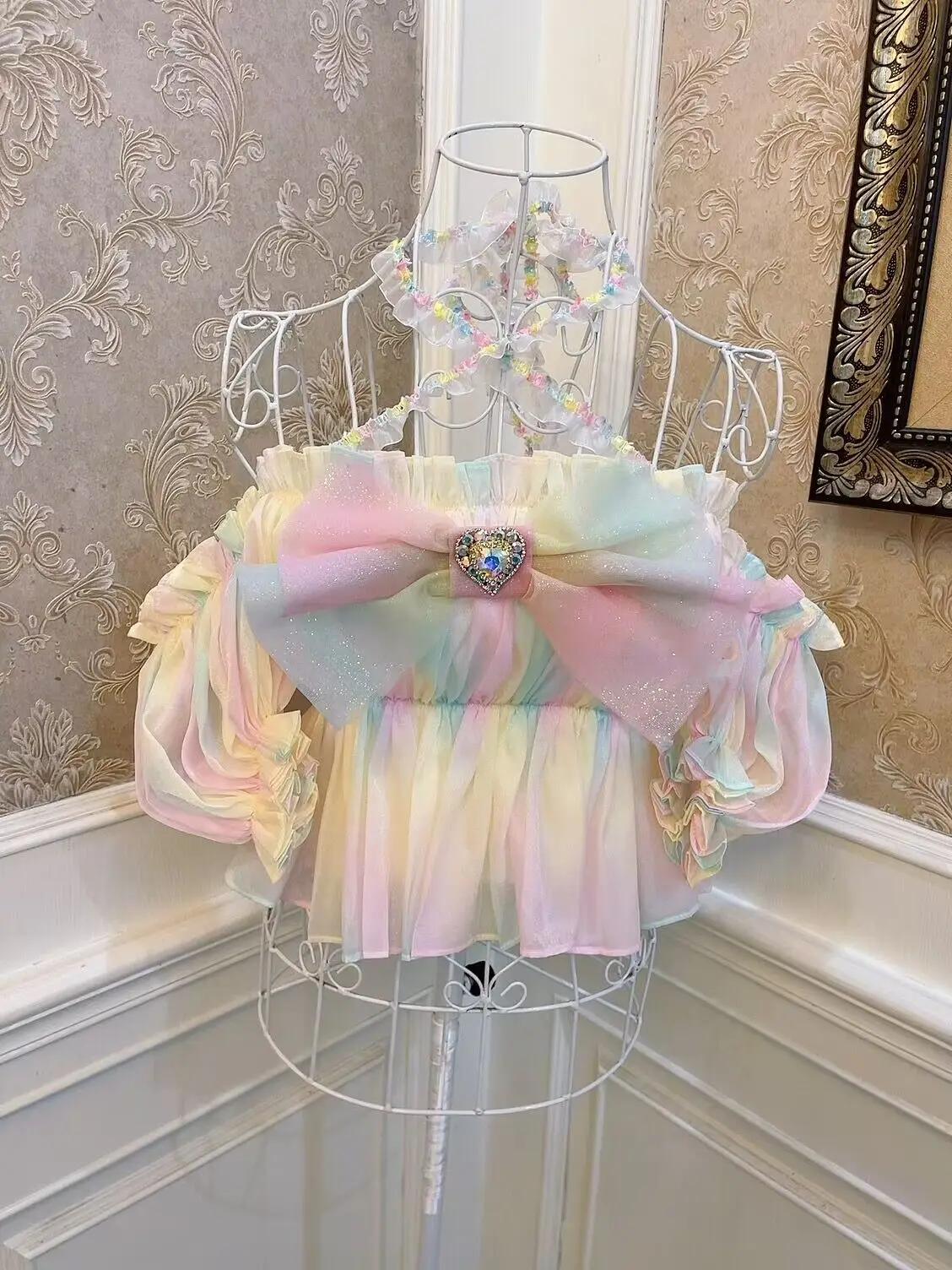 Beautiful Girl Rainbow Gradient Color Shiny Bow Love Diamond Puff Sleeve Halter Short Top Summer Womens Tops and Blouses