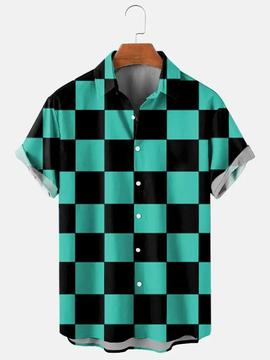 Men's summer lapel check print men's casual and fashionable short-sleeved loose, retro and interesting men's clothing camisa