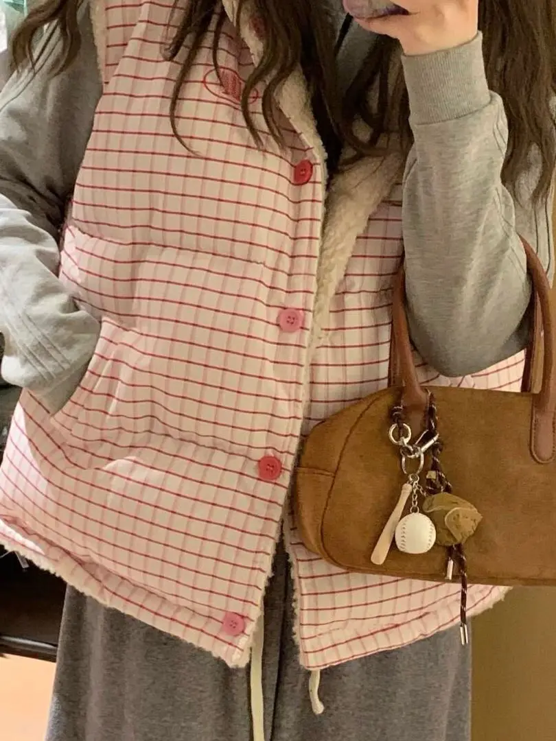 

Plaid Lamb Fur Vest Women's Winter New Outerwear Fce Lined Casual Sle ket Detail Wool Fabric Warmth Outerwear