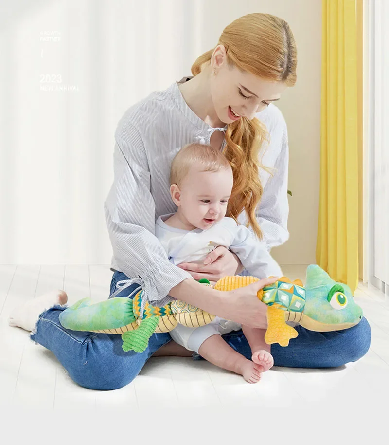 Animale sensoriale Dinosauro Morbido peluche ripiene Sonagli Massaggiagengive Pancia Tempo Giocattoli con righello musicale Crinkle Toys per il bambino 0 12 mesi