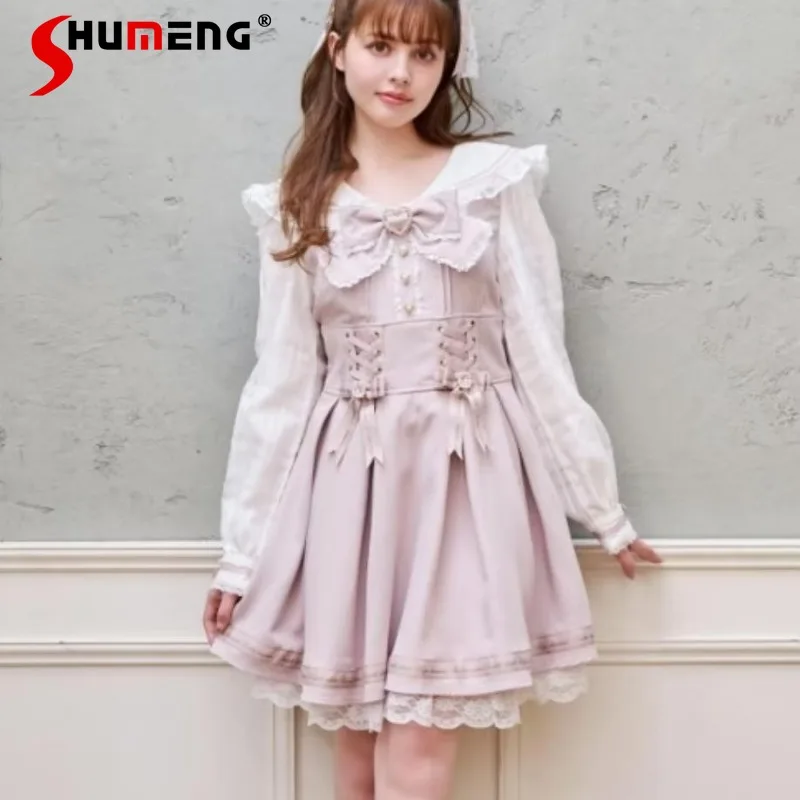 

Japanese Rojita Style Liz Long Sleeves Dresses Girls Mine Series Navy Style Bow Thin Bow Dress Slim Fit Bow Tie Kawaii Vestidos